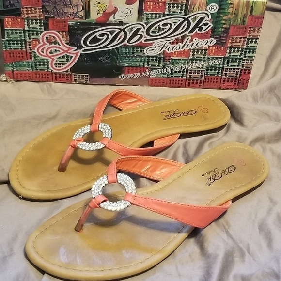 DB DK Fashion Flat Sandals with Orange Thong & Rhinestone Embellishment. Size 10 - Picture 1 of 5